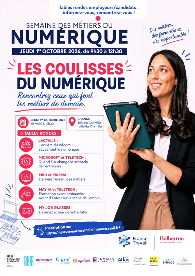 Affiche des Coulisses du Numérique à Changé le 1er octobre 2026 : programme des tables rondes et formation avant embauche avec May-IA.