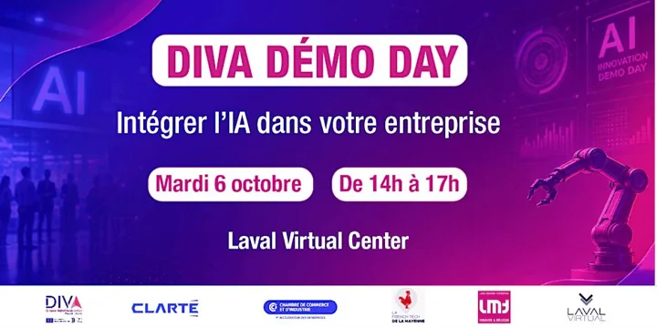 Affiche du DIVA Démo Day du mardi 6 octobre, de 14 h à 17 h au Laval Virtual Center.